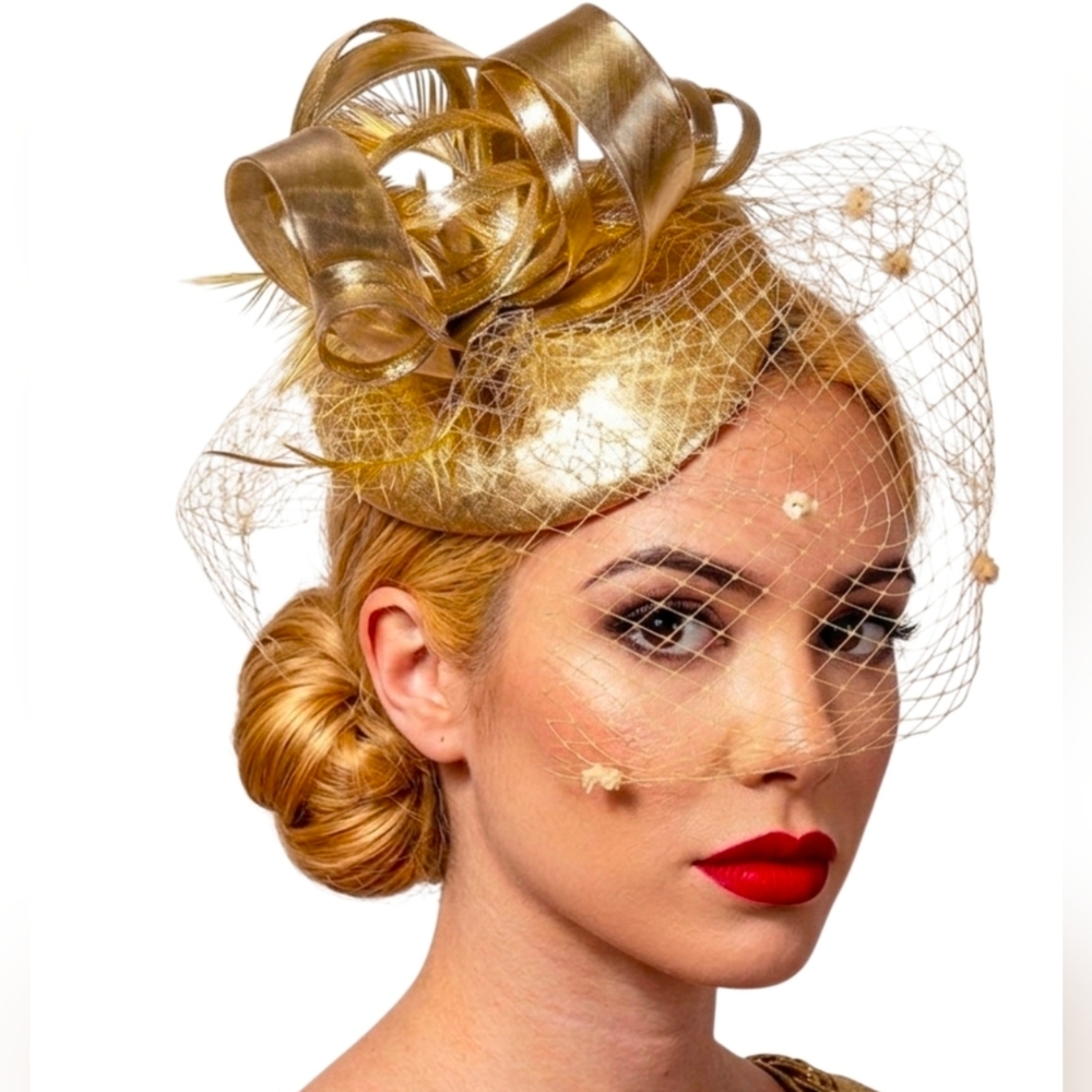 Gold Gorgeous 3PC Veiled Fascinator Kentucky Derby Preakness Church Wedding Tea - Picture 4 of 7